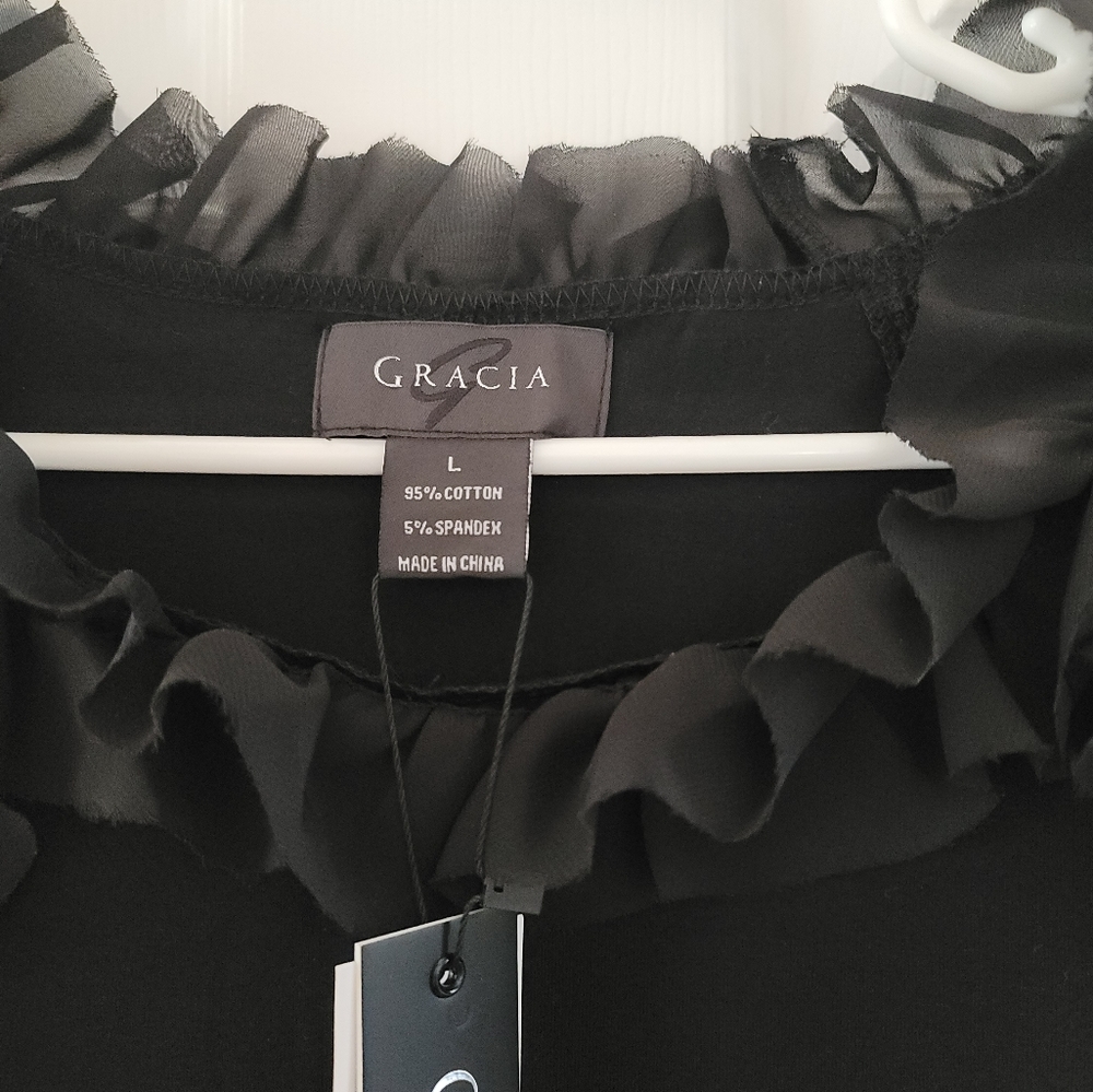 Gracia Black Ruffle Mesh Sleeve Top – Size L, NWT - Picture 3 of 3